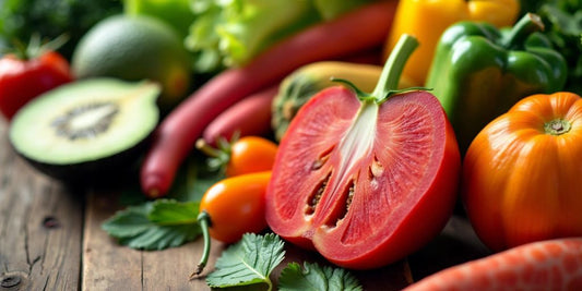 Fargerik tallerken med frukt og grønnsaker.