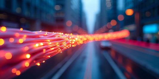 Fiberoptisk kabel i lys mot moderne bylandskap.